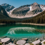 A breathtaking view of a crystal clear mountain lake surrounded by majestic peaks, reflecting the vibrant sky and lush greenery, capturing nature's pristine beauty.