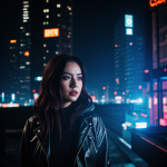 A cyberpunk girl stands amidst a dazzling cityscape, illuminated by vibrant neon lights, embodying futuristic urban style and technology.