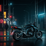 A futuristic cyberpunk motorcycle rides through a neon-lit, rain-soaked street, capturing the essence of a dystopian urban atmosphere.