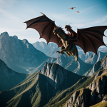 A majestic dragon with wide wings gracefully soaring over breathtaking mountainous landscapes, embodying a sense of fantasy and adventure.