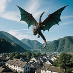 A majestic dragon with vibrant scales gracefully flying over a quaint village, showcasing a breathtaking blend of fantasy and reality in serene landscapes.