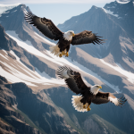 A majestic eagle gracefully soars high above expansive, sunlit glaciers, illustrating the natural harmony between wildlife and icy landscapes.