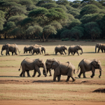 A group of elephants walking gracefully across the expansive savannah, showcasing their majestic presence in the wild landscape.