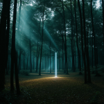 An enchanted forest with beams of light filtering through the trees, creating a mystical and serene atmosphere perfect for nature exploration.
