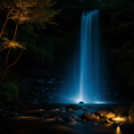 A mesmerizing view of an enchanted waterfall with glowing light, capturing nature's beauty in a magical and serene setting.
