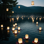 A stunning view of lanterns floating on a still lake, casting a warm glow and creating a serene and magical atmosphere under the night sky.