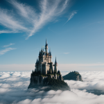 A magnificent fantasy castle perched majestically above the clouds, radiating an ethereal glow and surrounded by a dreamy sky.