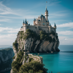 A majestic fantasy castle perched on a cliff, surrounded by lush landscapes, capturing the essence of a fairytale setting with its enchanting architecture.