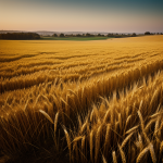 A vast field of golden wheat under a bright blue sky, offering a stunning view and serene environment, capturing the essence of agriculture and rural beauty.