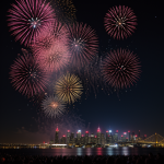 A breathtaking display of colorful fireworks lighting up the night sky above a bustling city, creating a vibrant and captivating urban spectacle.