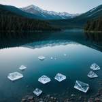 A mesmerizing view of floating crystals over a tranquil lake, capturing the serene beauty and peaceful atmosphere of nature's wonders.