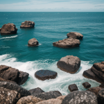 A mesmerizing view of floating rocks hovering above the ocean, creating a surreal and dreamlike landscape that blends nature with fantasy.