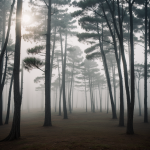 A serene scene of fog enveloping towering pine trees at dawn, showcasing nature's ethereal beauty as the mist interplays with the early morning light.