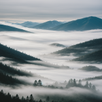 A breathtaking view of fog cascading over majestic mountain peaks, creating a mystical and serene atmosphere in a stunning natural landscape.