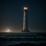 A mysterious foggy lighthouse at night, its beam cutting through the thick mist, creating an eerie yet captivating scene along a coastal landscape.