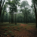 A serene forest after rain, with glistening raindrops on lush green leaves and an earthy ambiance inviting tranquility and exploration.