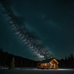 A cozy forest cabin nestled under a starry night sky, offering a serene retreat for nature enthusiasts and stargazers.