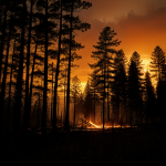 A breathtaking view of a forest fire glowing under the setting sun, casting a mesmerizing array of vibrant colors across the sky and landscape.