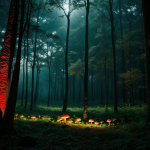 A serene forest floor illuminated by glowing mushrooms, creating a magical and enchanting atmosphere in the natural setting.
