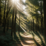A breathtaking view of a forest trail with sunlight beams filtering through lush green trees, creating a serene and enchanting natural atmosphere.