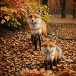 A curious fox nestled among vibrant autumn leaves, showcasing the harmonious blend of wildlife and nature's fall palette.