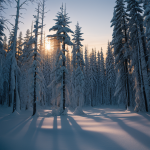 A stunning frozen forest bathed in the warm hues of sunrise, with light filtering through icy branches, capturing the serene beauty of a winter morning.