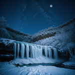 A mesmerizing view of a frozen waterfall glistening under the gentle glow of moonlight, showcasing the serene and magical beauty of winter's icy embrace.