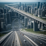 A visionary landscape of futuristic highways with hovercars gliding seamlessly through the air, depicting advanced urban transport innovation.