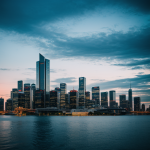 A futuristic skyline with modern architecture beautifully reflected over tranquil water, showcasing a harmonious blend of urban design and natural elements.