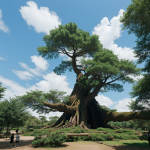 A breathtaking view of a giant tree nestled in a fantasy world, surrounded by mystical landscapes and vibrant foliage, capturing the essence of nature and magic.
