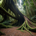 A breathtaking view of giant tree roots in a lush rainforest, showcasing nature's resilience and beauty in a vibrant, green ecosystem.