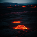 A mesmerizing view of a glowing lava field illuminating the night, showcasing the fiery beauty and natural power of volcanic landscapes.