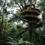 A hidden treehouse nestled in the dense jungle, surrounded by lush greenery and vibrant wildlife, offering a peaceful retreat.