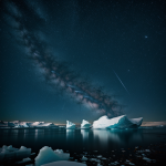 A stunning view of majestic icebergs glowing under a star-filled night sky, showcasing the serene beauty of ice formations illuminated by celestial light.