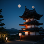 A stunning view of a Japanese pagoda illuminated by moonlight, showcasing traditional architecture against a serene night sky.