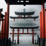A serene Japanese torii gate shrouded in mist, symbolizing a sacred passage between the mundane and spiritual realms.