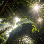 Sunlight filtering through the jungle canopy, illuminating lush green foliage and creating a stunning pattern of light and shadow in the tropical forest.