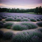 A mesmerizing lavender field at dusk, with rows of blooming lavender glowing under the soft, fading sunlight, creating a tranquil and serene atmosphere.