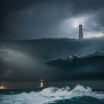 A majestic lighthouse stands tall against a backdrop of stormy seas, showcasing strength and resilience amidst dramatic weather conditions.