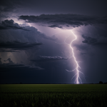 A dramatic lightning strike illuminates an open field, showcasing the raw power and beauty of a thunderstorm against a dark, moody sky.