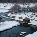 A solitary cabin nestled by a frozen river, surrounded by snow-covered landscapes, offering a serene and tranquil winter escape.