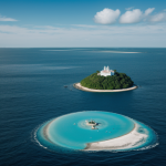 A solitary island in the middle of the vast sea, surrounded by endless blue waves and clear skies, offering a serene and tranquil escape.