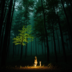 An enchanting magic forest with ethereal glowing spirits illuminating the path, creating a mystical and captivating atmosphere in the night.