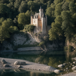 A majestic castle perched on a hill above a serene river, showcasing stunning medieval architecture and scenic views, perfect for history and travel enthusiasts.