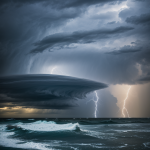 A dramatic and majestic storm over the open sea with dark clouds and turbulent waves, showcasing the raw power and beauty of nature.