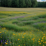 A picturesque meadow with vibrant wildflowers under a sky filled with fluffy clouds, showcasing nature's serene beauty.