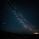 A breathtaking view of a meteor shower illuminating the night sky, showcasing numerous shooting stars streaking across a dark, star-filled background.