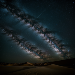 A stunning view of the Milky Way galaxy shining brightly above the serene desert dunes, under a clear night sky.