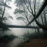 A misty bridge surrounded by lush forest greenery, enveloped in fog, creating an ethereal and tranquil atmosphere perfect for nature exploration.