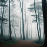 A serene misty forest in the morning with soft sunlight filtering through tall trees, creating an enchanting and tranquil atmosphere.